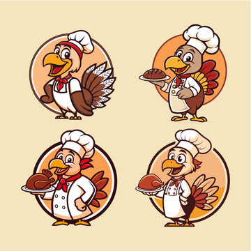 Cute cartoon turkey chefs in chef's hats and aprons, holding platters of roasted turkey.