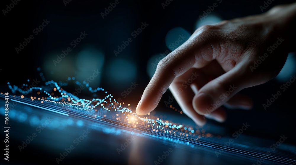 Poster a glowing touchscreen where a hand interacts with predictive graphs market curves illuminating in bl