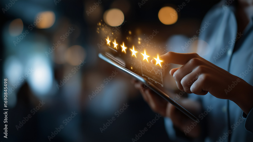 Poster A radiant digital rating interface with five golden stars glowing brightly customer satisfaction metrics displayed in dynamic charts atmosphere of trust quality and service