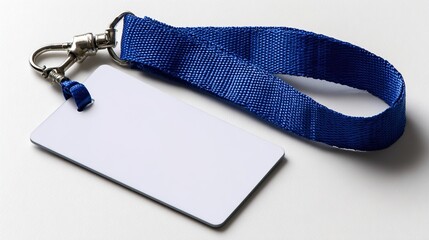 Blank ID badge with blue lanyard, perfect for conferences or events, showcasing a simple and professional design.
