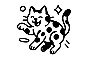 Cute cartoon cat with spots in a joyful pose, minimalist black and white line art of a happy feline character for a sticker or icon