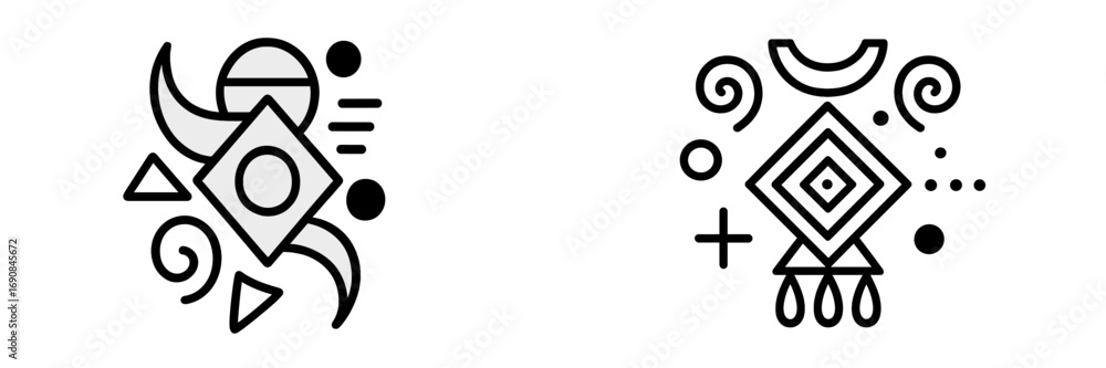 Poster set of two abstract geometric compositions with primitive shapes like circles, squares, and spirals 