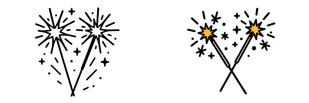 Sparkler icon set for celebration and holidays, festive firework light for New Year's Eve party, simple line art design element isolated on white background