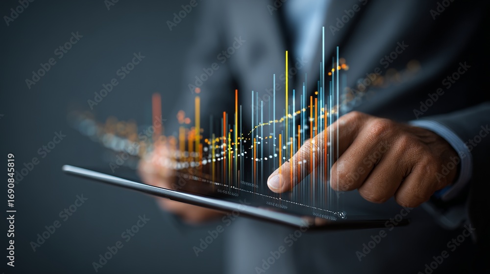Poster business professional analyzing data analytics graphs on a digital tablet for investment and finance