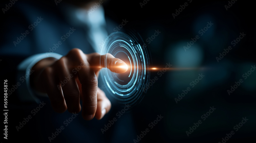 Poster a futuristic businessman pressing a glowing button on a virtual screen neon interface expanding outw