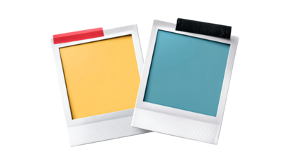 Two empty photo prints with textured white borders and colored accents on a white background, cut out transparent
