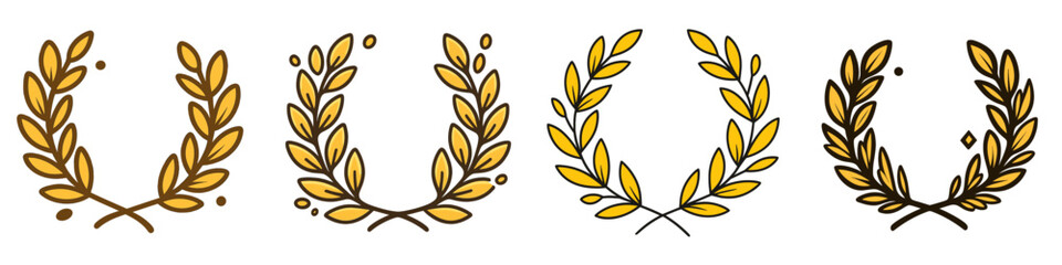 Set of golden laurel wreaths in a hand-drawn doodle style, collection of victory and honor symbols, award icons isolated on a white background