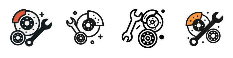 Icon set for car brake repair service showing disc brake rotor, caliper, and wrench for automotive maintenance