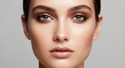 Fototapeta premium Captivating Portrait - Elegant Woman with Smoky Eyes, Soft Lighting, and Neutral Background.