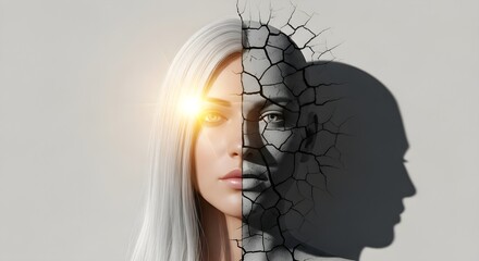 Woman's face split between vibrant life and cracked stone, symbolizing change, transformation, resilience