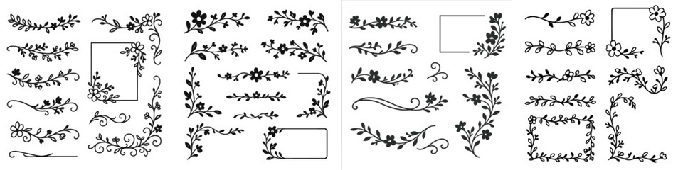 Collection of hand drawn floral dividers and borders with delicate flowers and leaves, elegant corner frames and decorative swirl elements for wedding invitations and page decoration