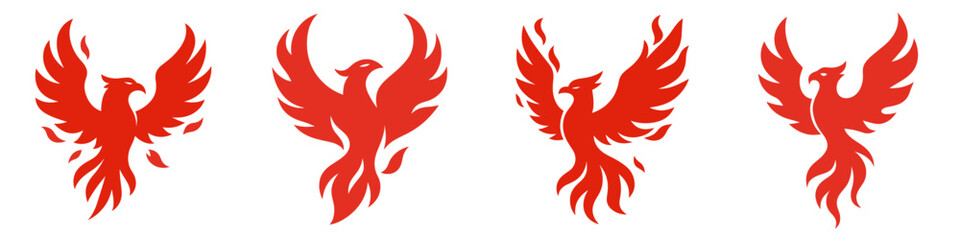 Set of four red phoenix bird icons in various poses with fiery wings, symbolizing rebirth and power for a corporate logo or emblem design