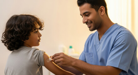 middle eastern healthcare professional in blue scrubs applying bandage on child's arm. immunization, interaction between doctor and patient. national immunization awareness month. medical brochure.