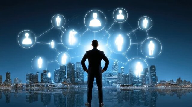 A confident business professional stands against a vibrant city skyline, symbolizing networking and digital connections in the modern world