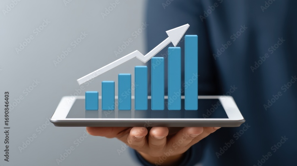Poster hand holding smart device showing bar graph with rising trend and arrow illustrating growth and succ