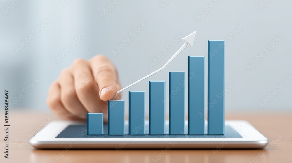 Poster hand touching digital tablet screen with a blue bar graph showing growth and progress with an upward