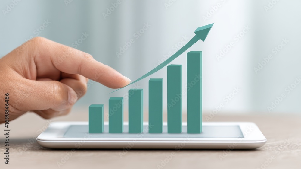 Poster hand pointing at digital tablet displaying ascending graph with growth arrow, symbolizing success an