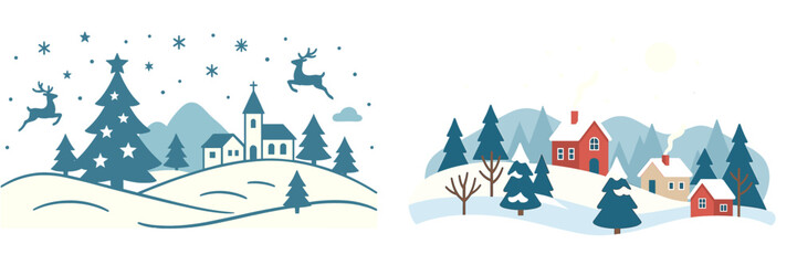 Festive winter holiday scenes featuring a snowy Christmas village with a church and reindeer, and a cozy mountain cabin landscape in the snow