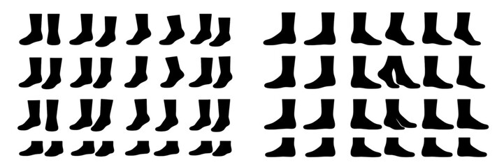 Collection of black sock silhouettes in various styles and lengths including ankle and crew socks shown on and off feet