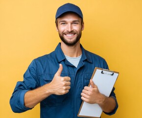 A friendly worker in blue uniform holds a clipboard, displaying a positive attitude against a bright yellow backdrop.