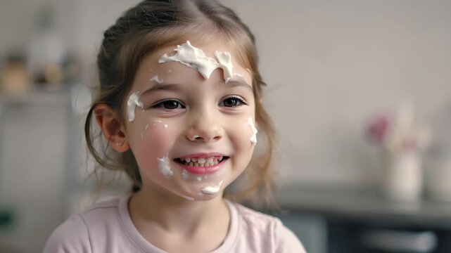 Happy little girl laughing with whipped cream on her face, joyful child smiling and making playful expressions in candid close up video, authentic childhood fun and lifestyle concept