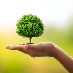 A Hand Gently Holding a Small Tree with Lush Green Foliage Against a Softly Blurred Background Symbolizing Growth, Sustainability, and Environmental Stewardship