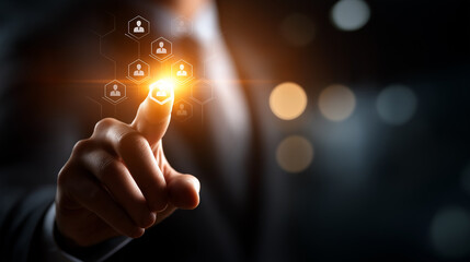 A businessman pressing a glowing virtual button surrounded by HR icons silhouettes representing recruitment and team building atmosphere of growth talent management and profess