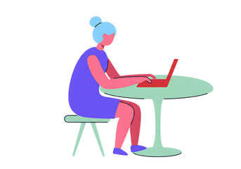 Fototapeta premium Woman working on a laptop at a table isolated on transparent background