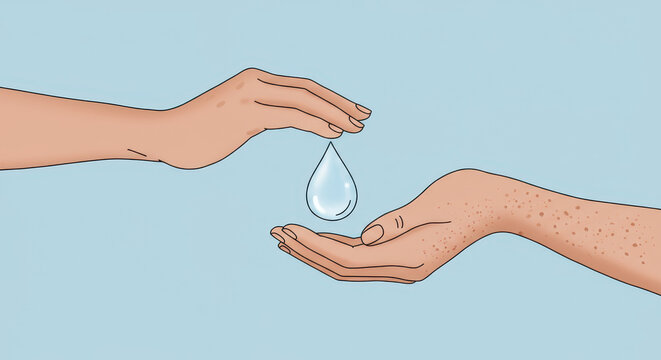 two hands exchanging droplet on light blue background. concept of conservation, national water quality month. environmental awareness, sustainability message, illustrated banner
