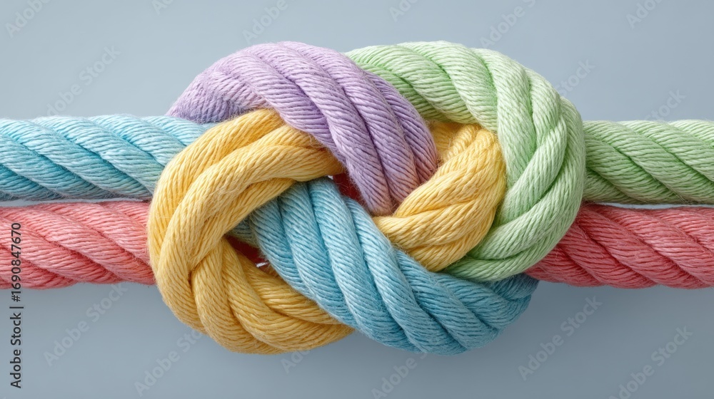 Poster colorful knotted ropes creating an intricate design against a soft background, showcasing unity, con