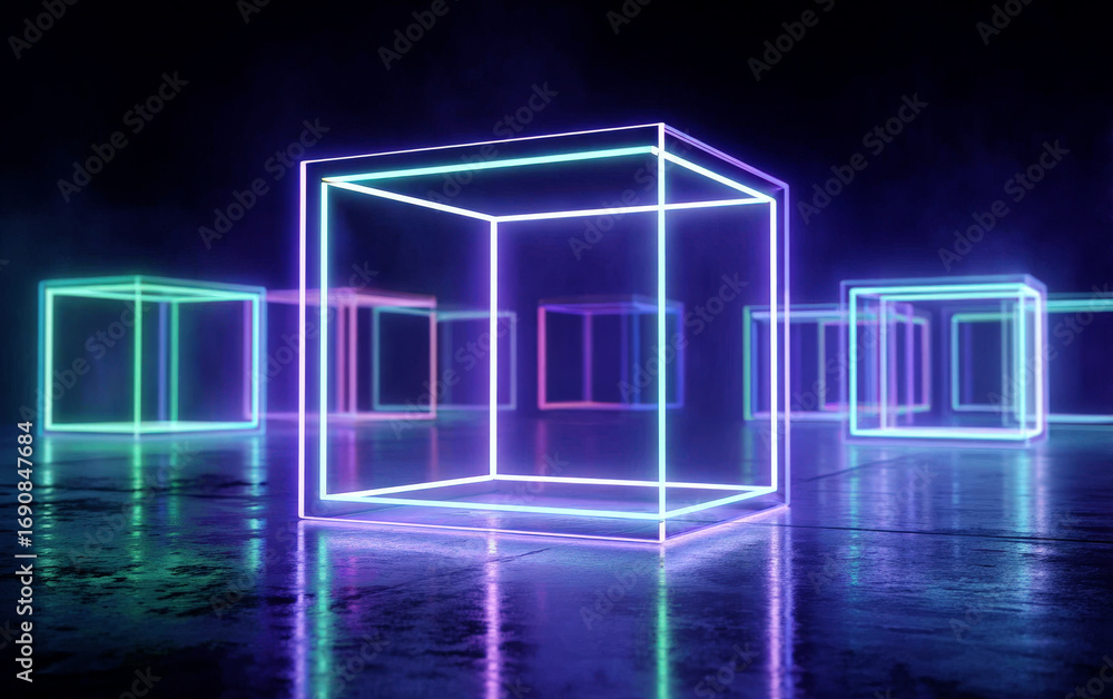 Poster neon lit glowing cube structures in a futuristic setting