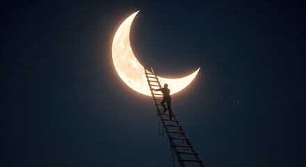 Dreamer climbs ladder towards glowing crescent moon in starry night sky