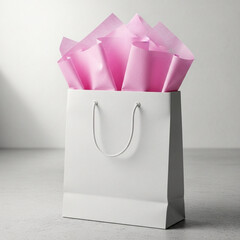 White Gift Bag Filled with Pink Tissue Paper, Minimalist Product Display on Concrete Surface