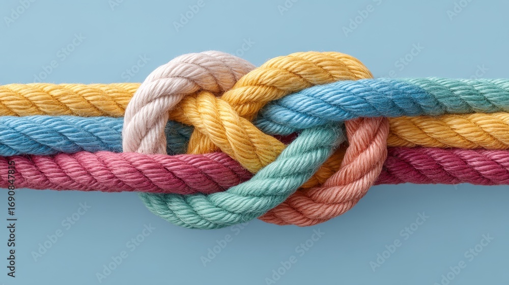 Poster Colorful Knots of Rope Intertwined on a Light Blue Background Showcasing Unity and Connection Through Textures and Vibrant Hues for Creative Utilization
