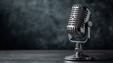 Vintage chrome studio microphone on dark textured background, dramatic lighting, professional product shot