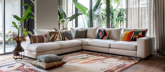 Spacious Modern Living Room with Cream Sofa and Colorful Cushions