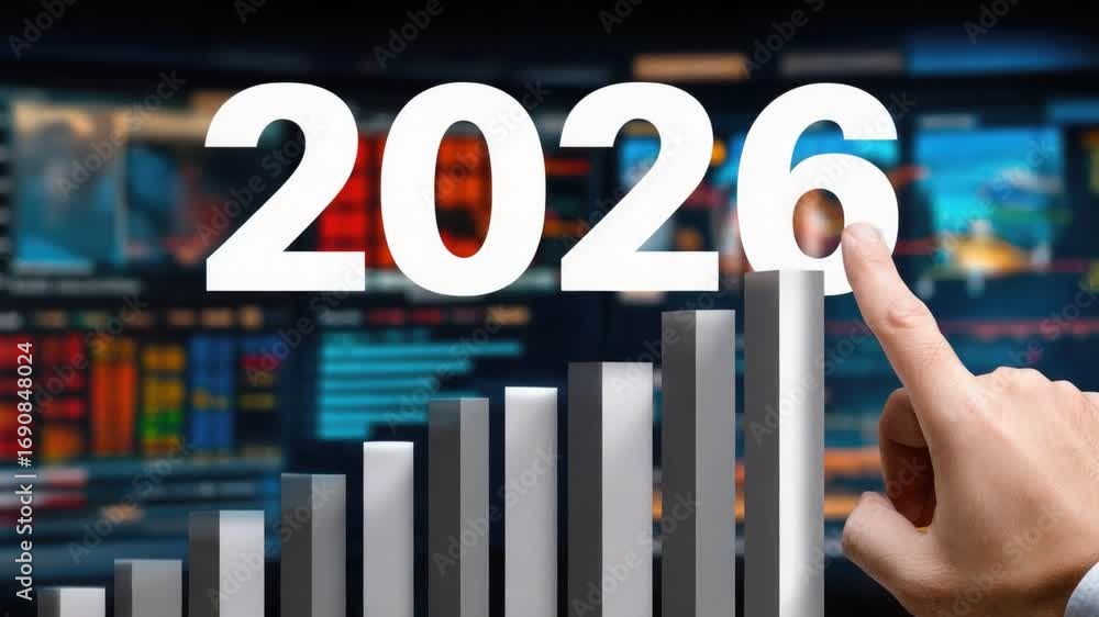 Poster a business professional points at a rising bar graph with the year 2026 displayed prominently. this 