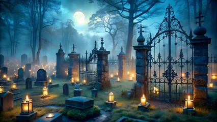 Naklejka premium Eerie Graveyard Scene with Full Moon and Candlelight.