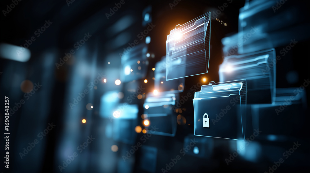Poster a futuristic document management system glowing on a massive digital wall folders opening as hologra