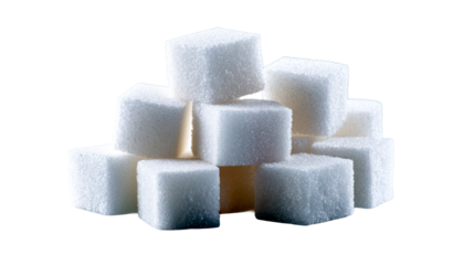 Pile of white granulated sugar cubes stacked on a reflective surface, cut out transparent