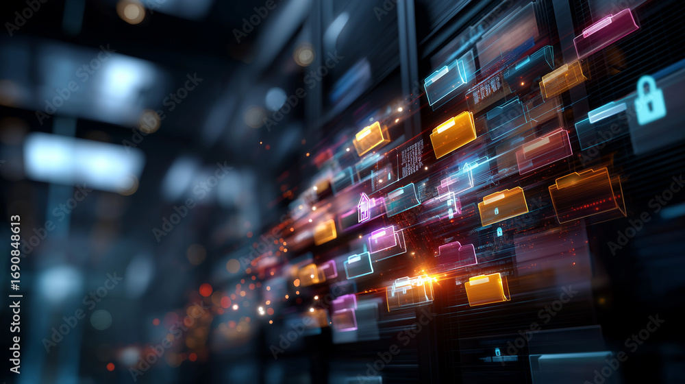 Aufkleber a futuristic document management system glowing on a massive digital wall folders opening as hologra