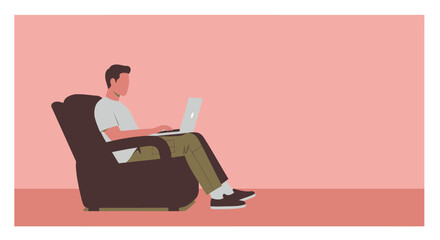 Young man working remotely on a laptop in a cozy armchair at home. Ideal for business, education, or modern lifestyle themes.