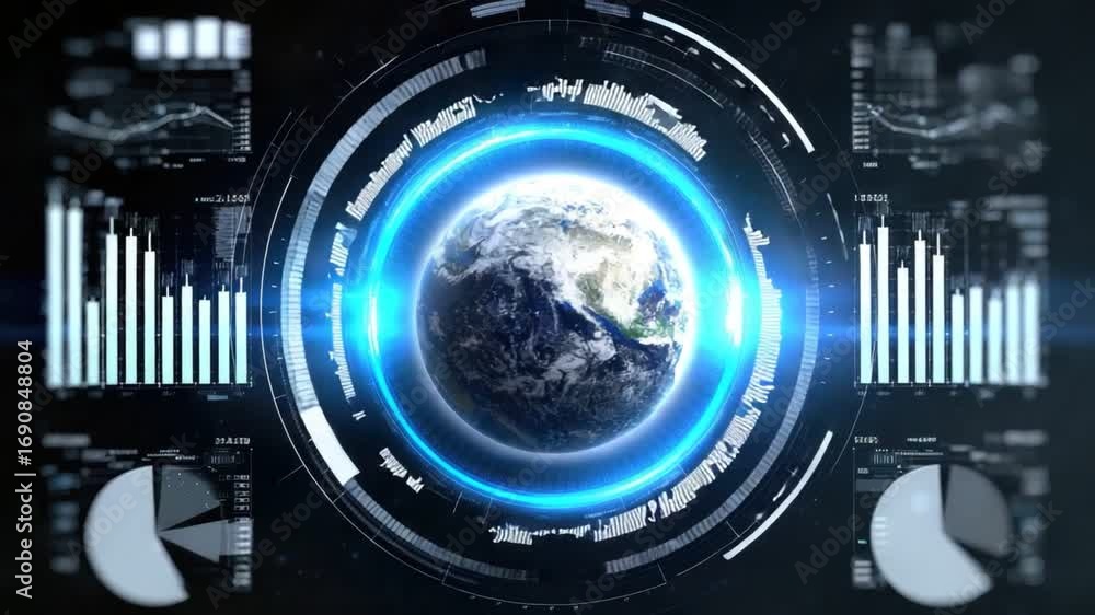 Poster a futuristic digital interface showcasing the earth surrounded by data visualization elements, empha