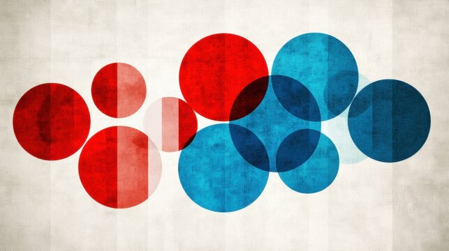 A digital art piece featuring overlapping circles in red, blue, and white, creating a dynamic and abstract composition.
