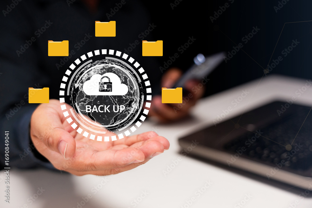 Poster a person holds a digital backup symbol with folders, emphasizing data security and the importance of