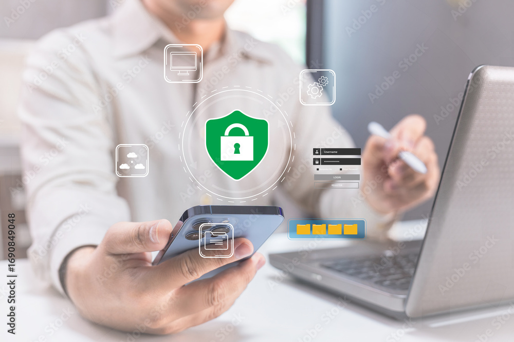 Poster a person using a smartphone displays security icons, emphasizing digital protection and online priva
