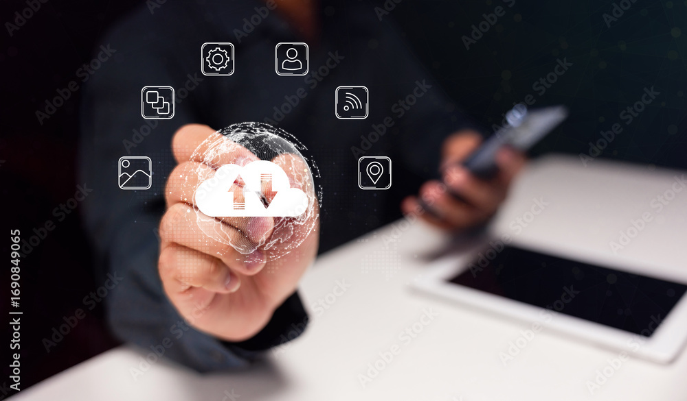 Fototapete a person uses a digital interface to interact with cloud storage, showcasing technology and data man