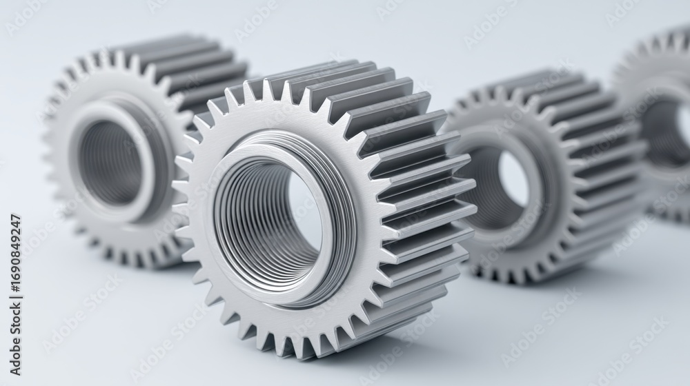 Poster Close-Up View of Silver Mechanical Gears with Sharp Teeth and Hollow Centers on a Light Background for Industrial and Engineering Applications
