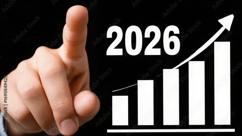 Poster a business professional points at a growing graph representing future growth and progress towards 20