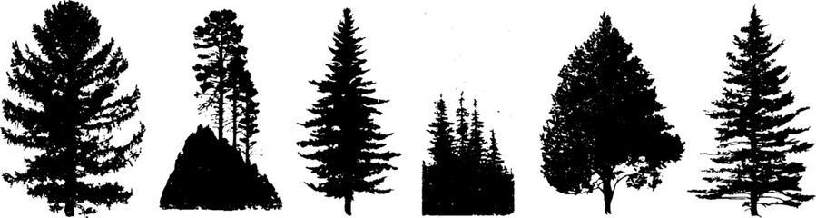 Grunge black and white minimal tree silhouettes for design projects and posters